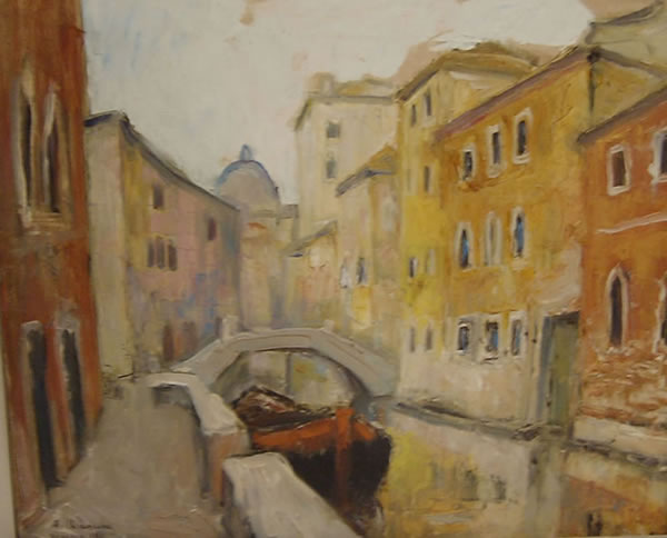 Barcone in un canale, 1968,  olio su tela, cm 50x60, Napoli, collezione privata